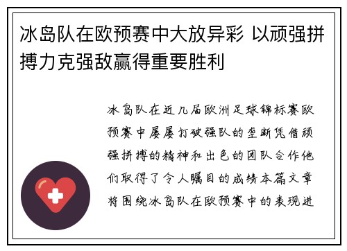 冰岛队在欧预赛中大放异彩 以顽强拼搏力克强敌赢得重要胜利